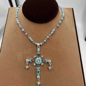 Crystal Cross Necklace Turquoise Rhinestones Beads Silver Adjustable